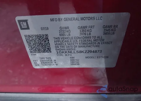 2019 GMC Acadia Sle-2 z USA, uszkodzony, nr VIN 1GKKNLLS8KZ294873